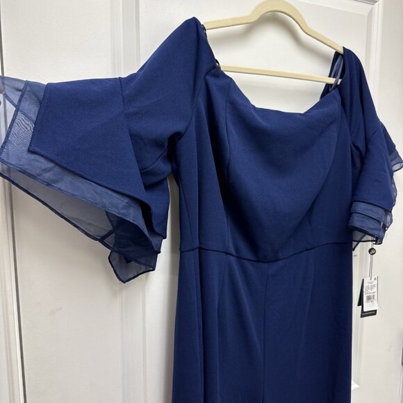 New Adrianna Papell Size 16 W Navy Off-Shoulder Organza-Sleeve Cocktail Jumpsuit - Picture 6 of 14